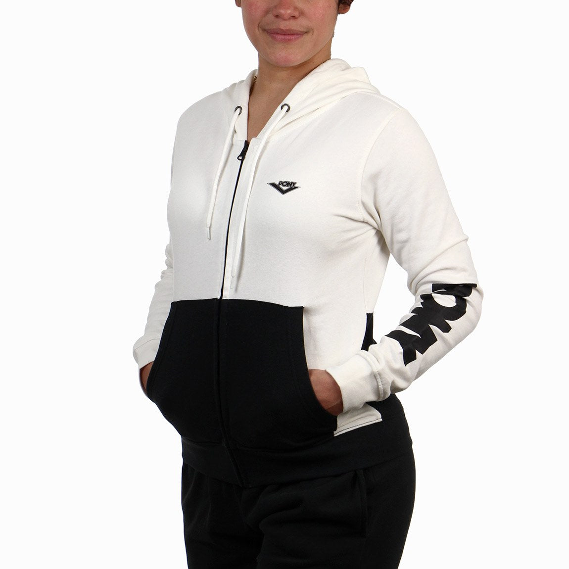 Pony mujer campera c/capucha y bolsillos contraste-coco/negro