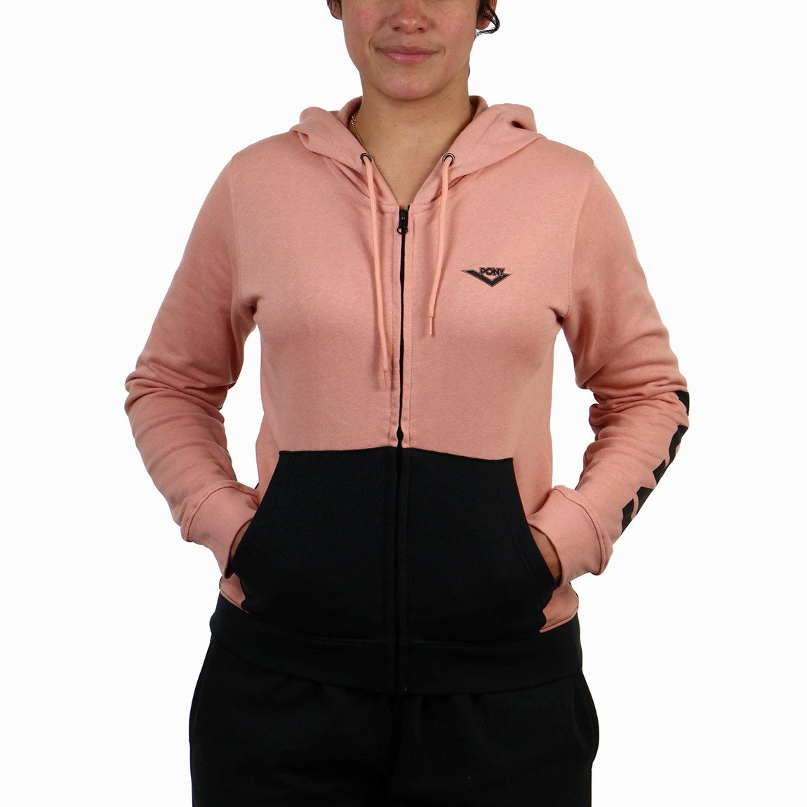 Pony mujer campera c/capucha y bolsillos contraste-rosa viejo/neg